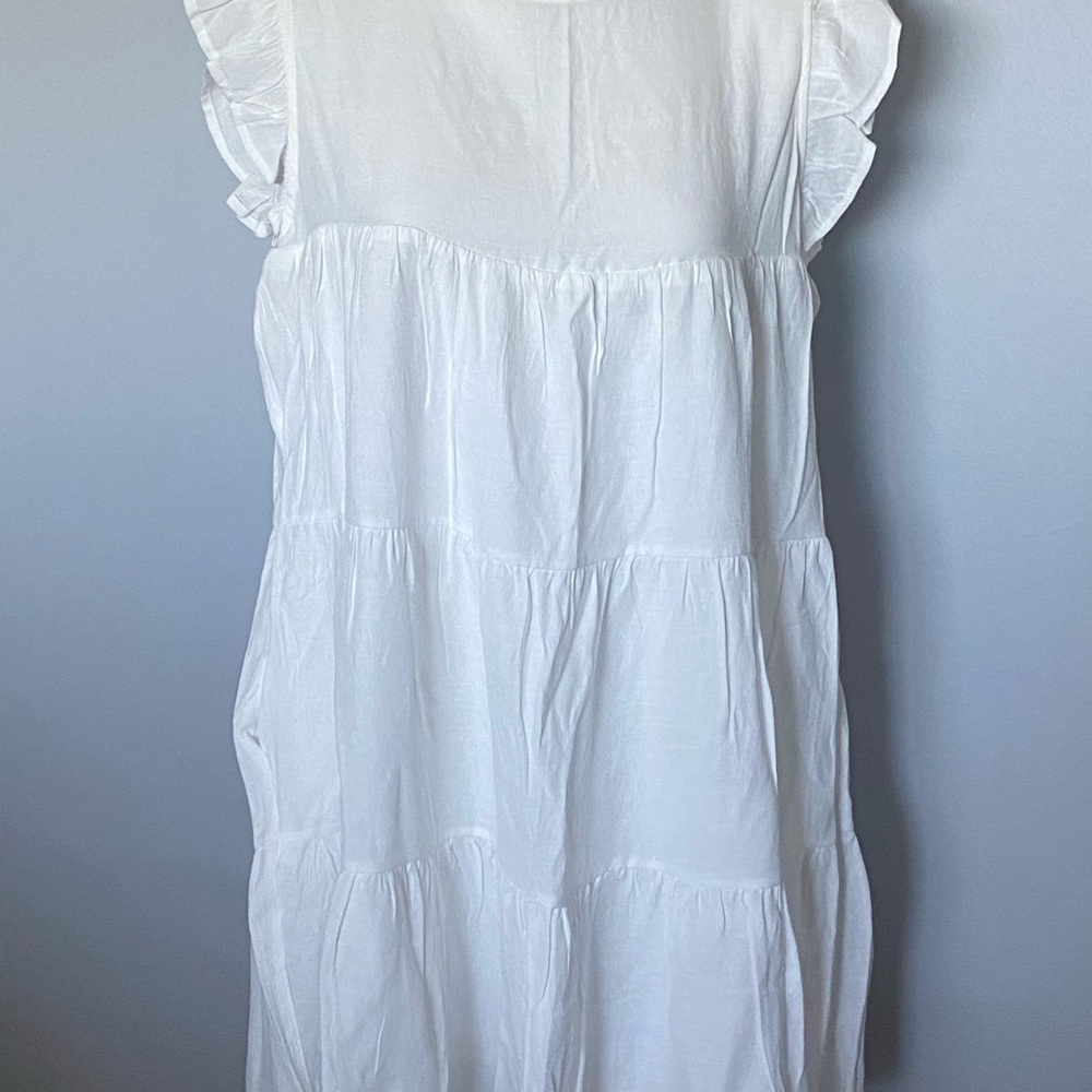 White Ruffle Sleeve Tiered Dress side pockets lined